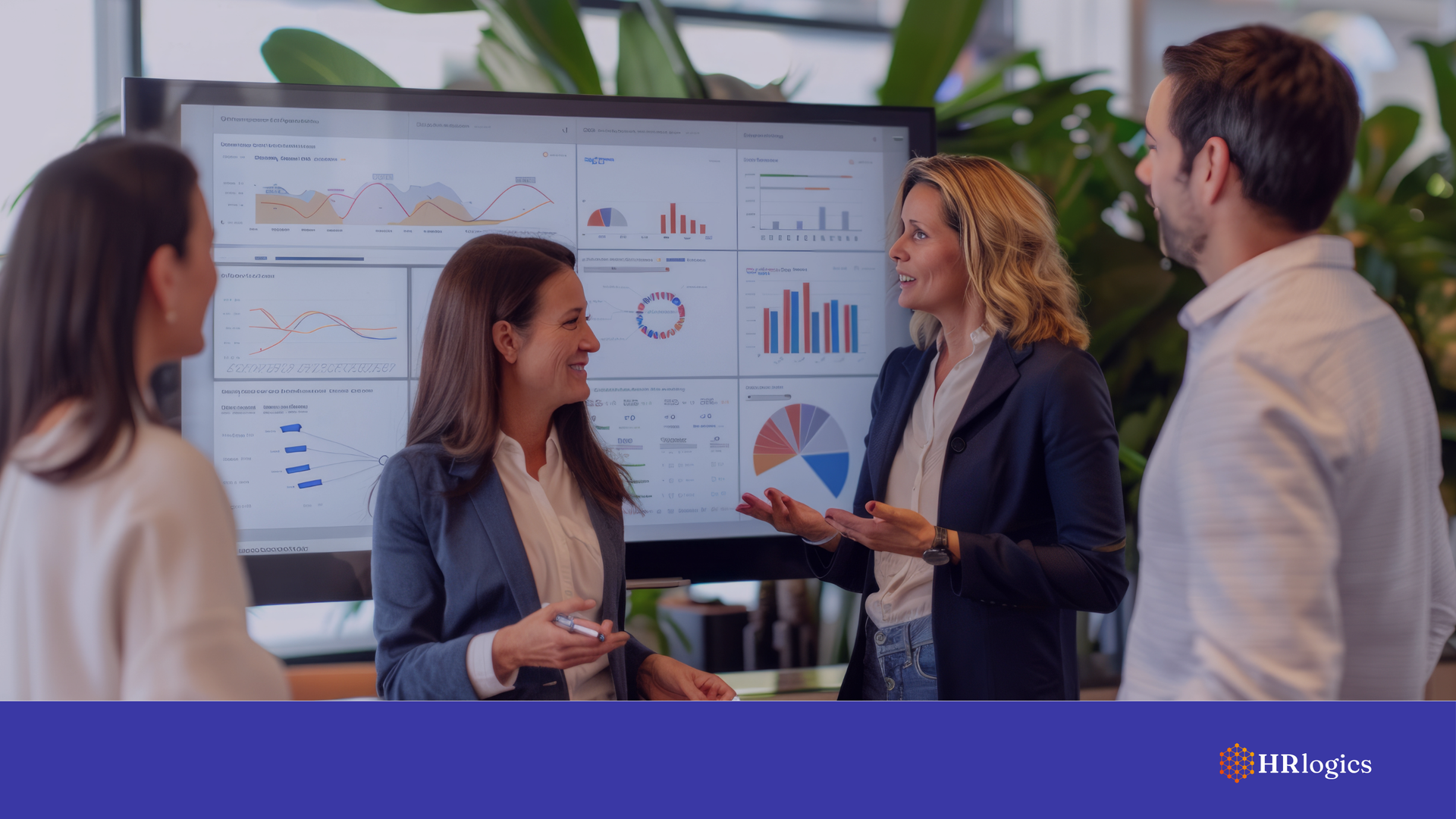 An HR team gathered around a digital dashboard analyzing verification processes.
